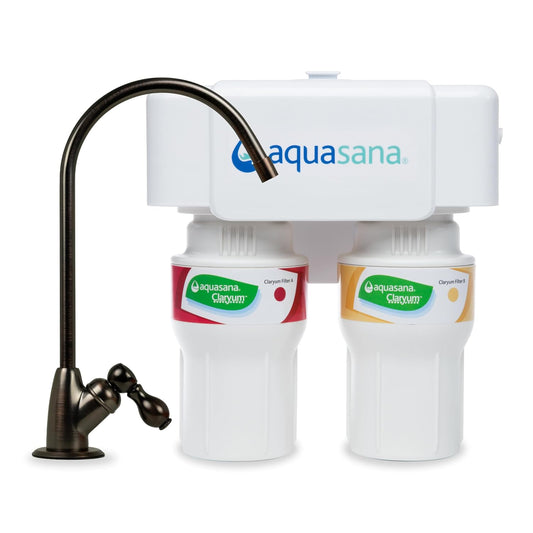 Aquasana Under Sink Water Filter System - Reduces PFAS, Lead, & Chlorine in Drinking Water - Under Counter Claryum Filtration for Kitchen - 2-Stage - Oil-Rubbed Bronze Faucet - AQ-5200.62