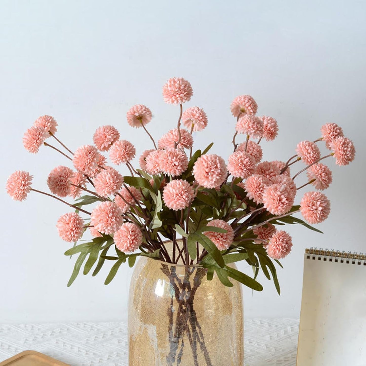 Faux Pink Kiku Flower, 10 Stems with 5 Heads Each & 4 Branches Eucalyptus Stems, Artificial Small Mini Chrysanthemum Flowers for Aesthetic Room Decor, Floral Arrangements Centerpiece