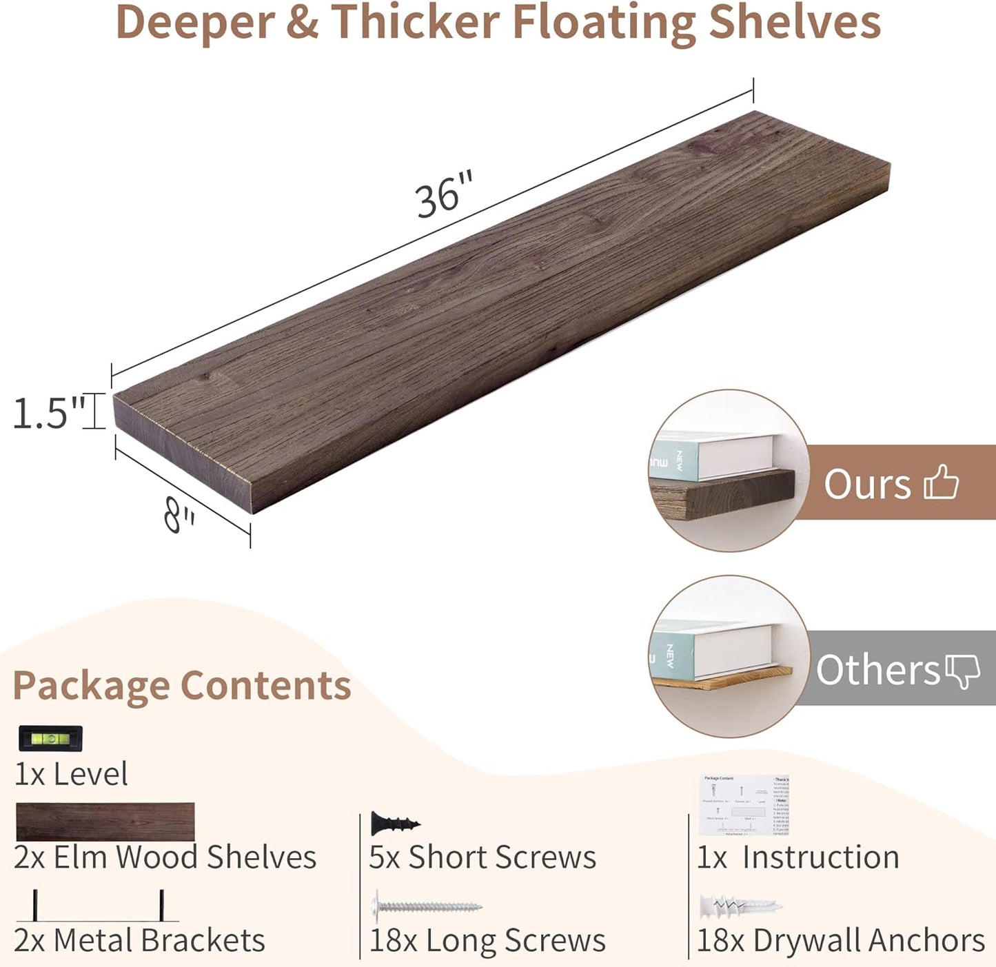 Axeman Floating Shelves for Wall, 8 Inch Deep Rustic Solid Elm Wood Wall Shelves for Storage, Wall Mounted Display Shelving with Invisible Heavy-Duty Metal Bracket, 36'' Width Set of 2, Walnut