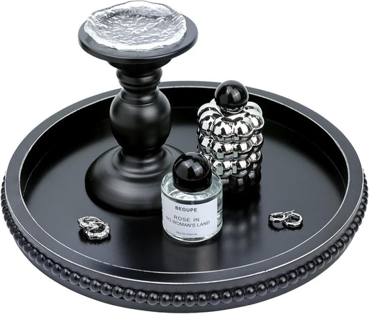 Round Black Wood Serving Tray with Beads, Wooden Decorative Tray for Entertaining, Decoration, and Gifting,