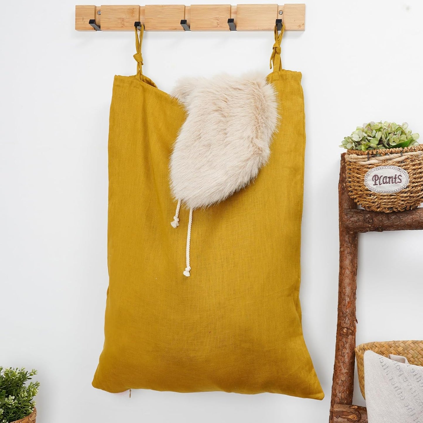 Linen Hanging Laundry Bag, Over The Door Laundry Hamper for Dirty Clothes, Drawstring Closure with Bottom Zipper, Turmeric