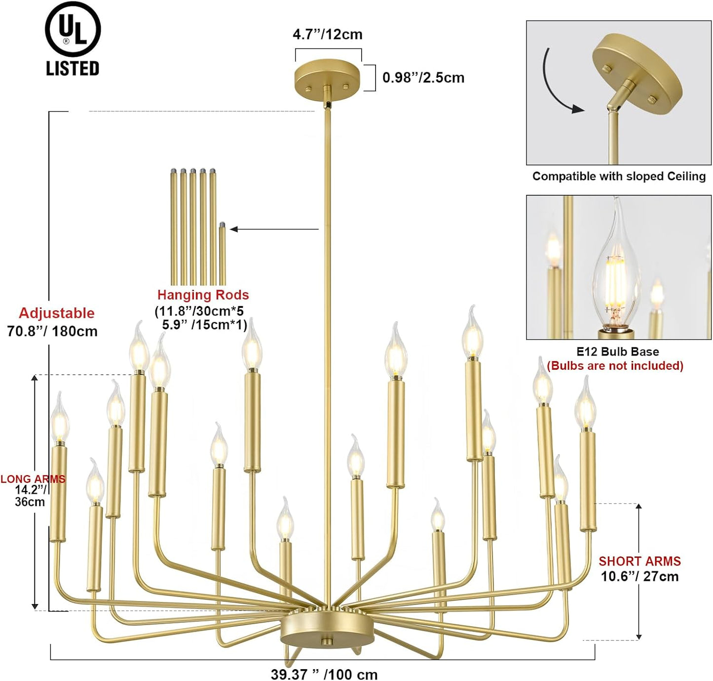 Modern Gold Farmhouse Chandeliers, 16-Light Industrial Metal Chandelier Lighting, Classic Candle Hanging Pendant Light Fixtures for Kitchen Island, Living Room, Dining Room, Stair
