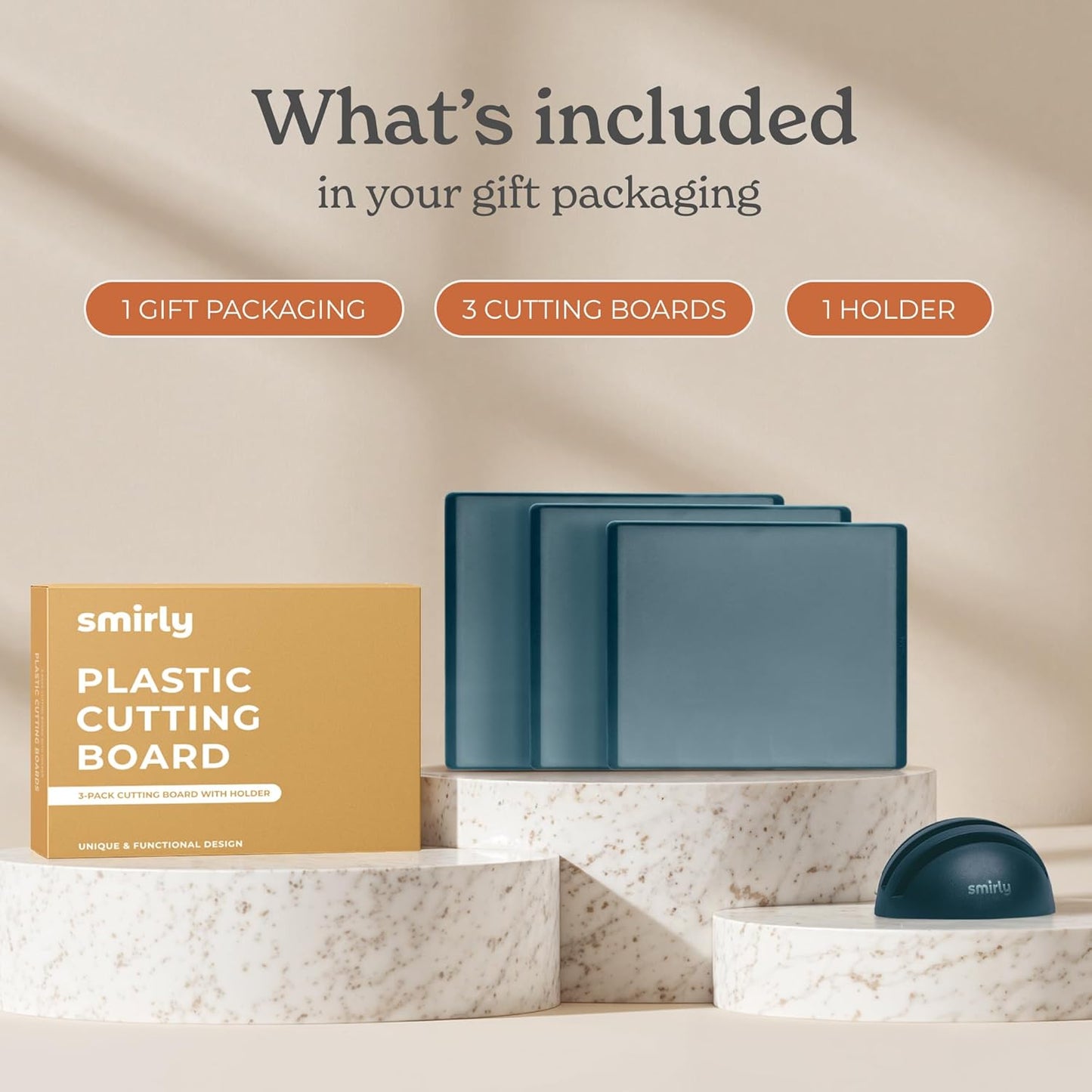 SMIRLY Plastic Cutting Board Set with Holder 3 Pieces, Non-Slip Dishwasher Safe Chopping Boards for Kitchen, Blue