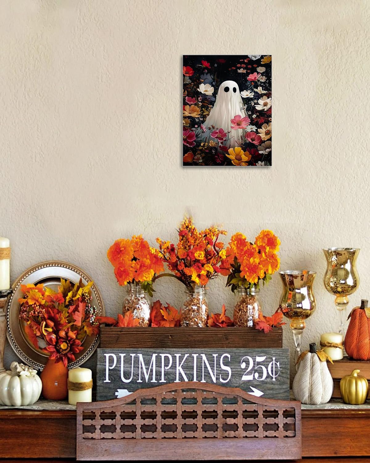 Halloween Canvas Wall Art,Vintage Cute Ghost & Wildflowers Framed Poster, Spooky Fall Decorations for Indoor, Gothic Dark Academia Wall Decor, Funny Halloween Decorations for Living Room Bedroom