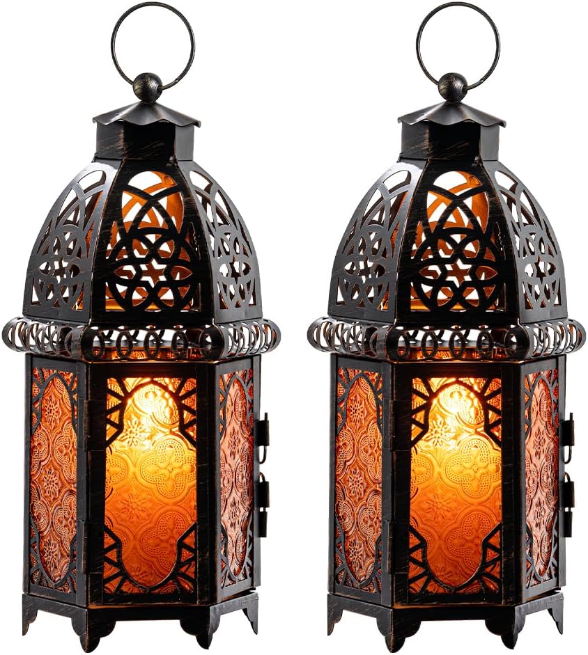 NEEDOMO Set of 2 Moroccan Lanterns Decorative Indoor & Outdoor, Hanging Candle Lantern, 11'' Vintage Candle Holder, Metal Lanterns Decorative, Table, Patio, Porch, Shelf, Gothic Home Decor (Amber)