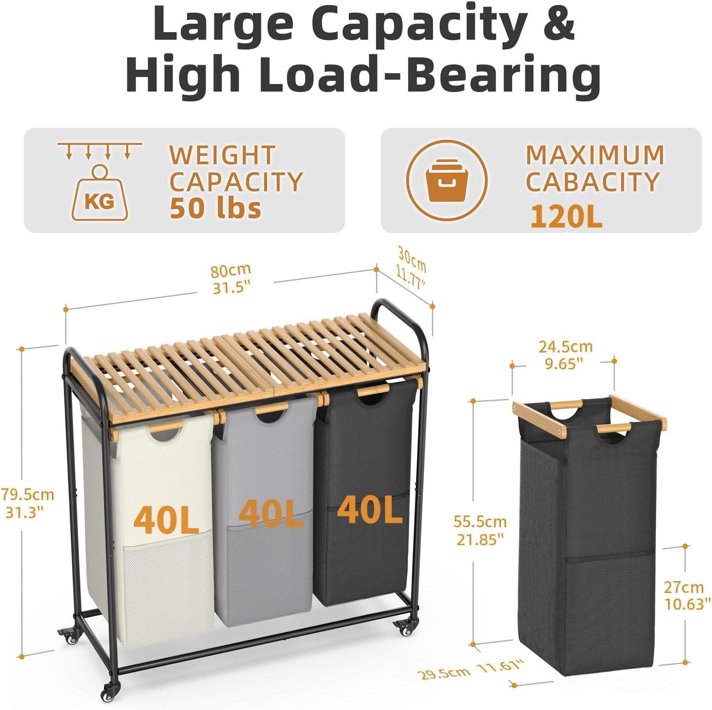 Laundry Hampers 3 Section, Laundry Sorter with Removable Shelf and Pull-Out Bags, Clothes Hampers with Wheels Rolling Cart Basket for Laundry Room Bathroom, 3 x 40 L (Black White Gray)