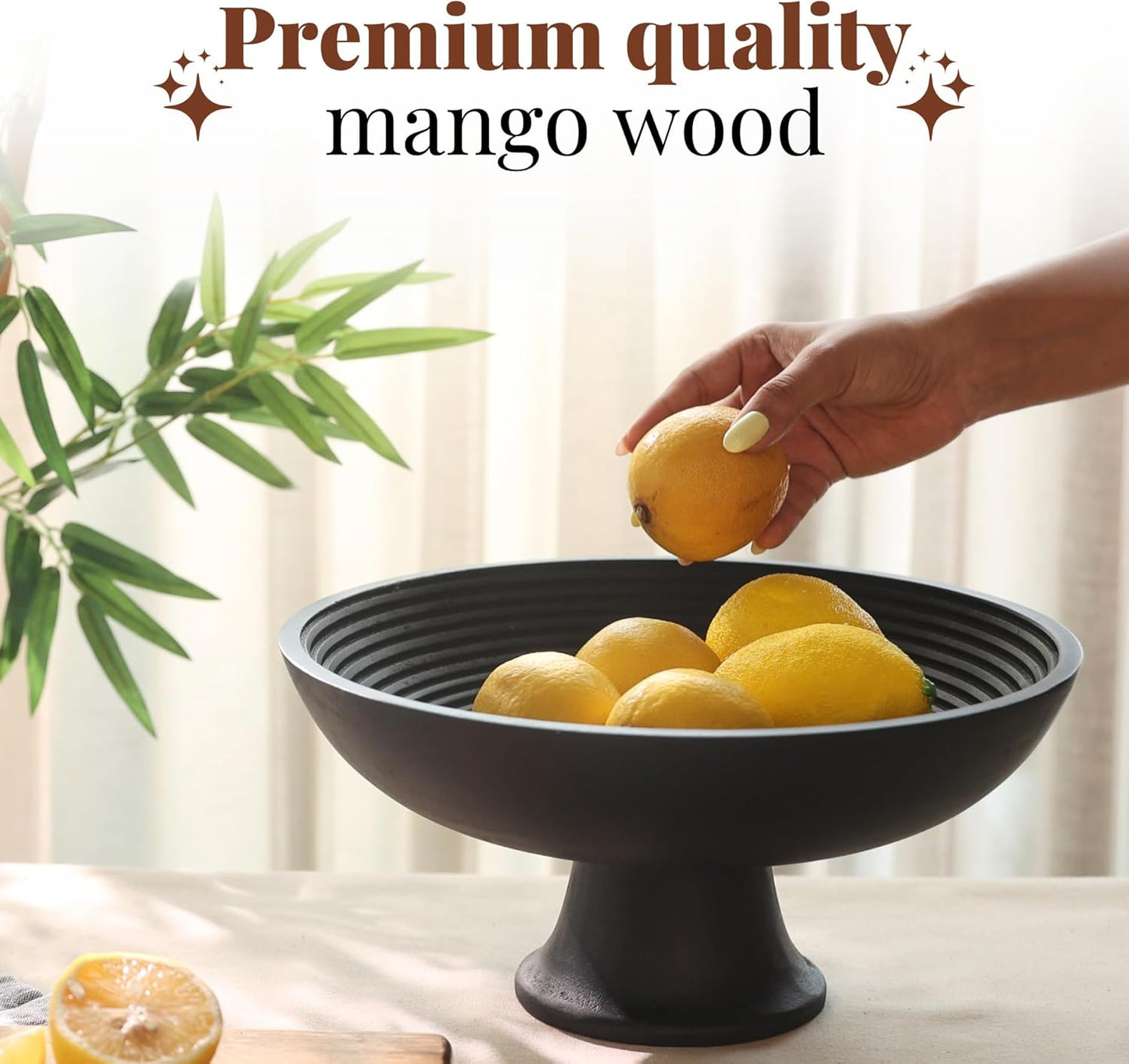 Folkulture Wooden Fruit Bowl for Kitchen Counter | 12" Large Premium Eco Friendly Banana Fruit Basket for Kitchen | Black Wood Bowl with Holder, Pedestal for Table Decor, Centerpiece for Dining Table