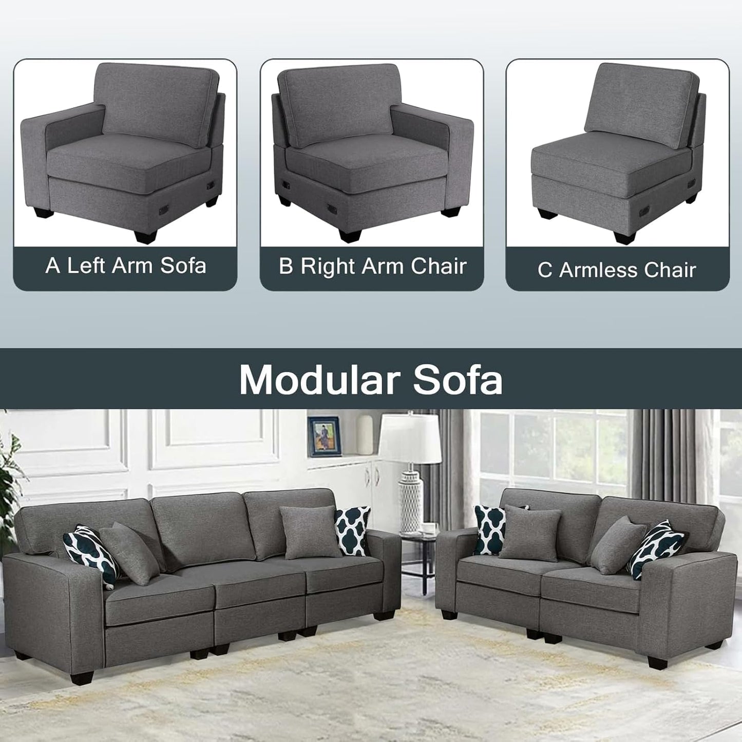 L Lengend Vansen Modular Sectional Sofa U Shaped Couch with Ottoman Modern Reversible Corner Sectional Couch for Living Room (Dark Grey, 2+3)