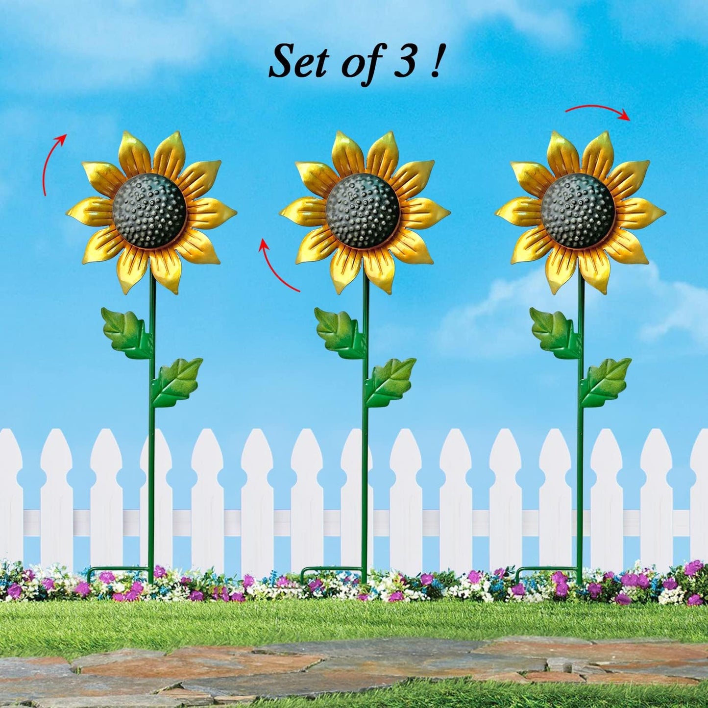WAIU Metal Sunflower Flower Garden Stakes, Wind Catcher Spinner Garden Stakes, Garden Windmill Stakes Outdoor Wind Catchers, Yard Decor Stakes, Set of 3