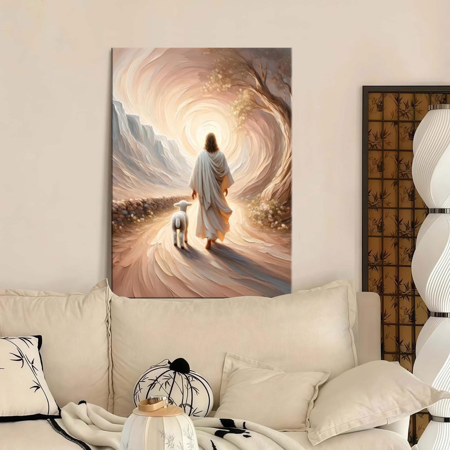 Framed Canvas Jesus and Lamb Wall Decor Wall Art Gallery Decoration Unique Print Wall Decor for Living Room Bedroom Church Home Decor 16x24 Inch Ready to Hang