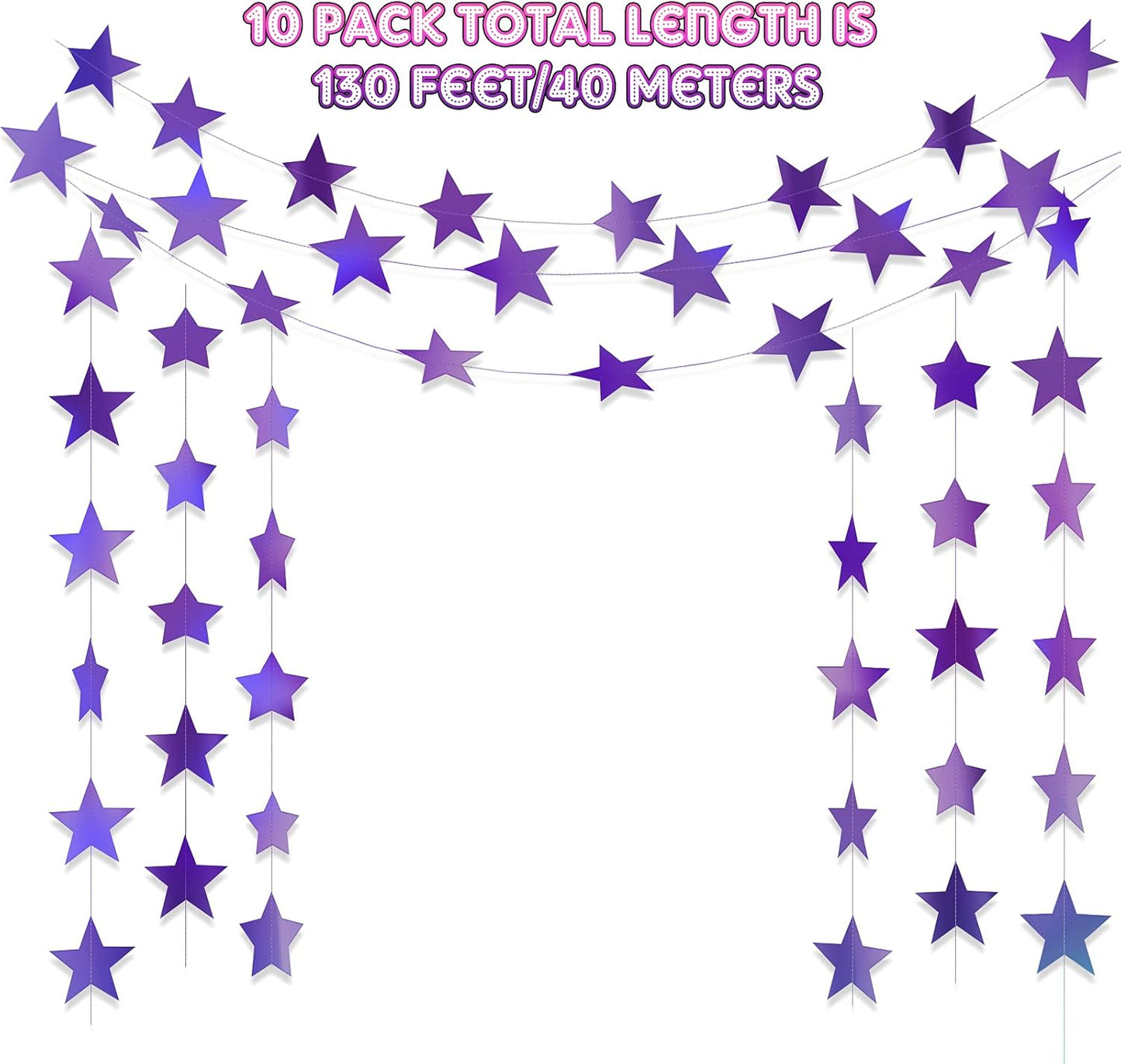 Patelai Glitter Star Garland Banner Decor 130 Feet Star Hanging Bunting Banner Twinkle Backdrop for Homecoming Classroom Wedding Birthday Halloween Christmas Party Supplies(Holographic Purple)