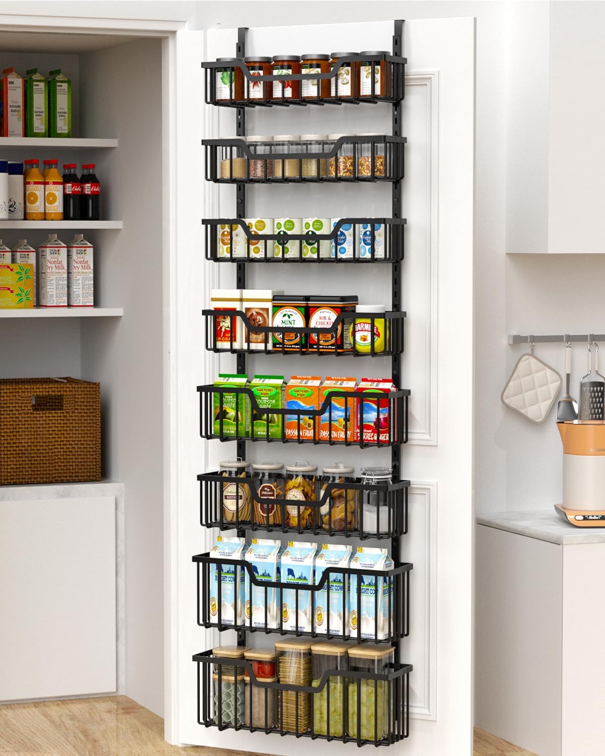 Over The Door Pantry Organizer, 8-Tier Pantry Door Organizer Shelves | 3 Sizes | Adjustable Basket | Metal Hanging Spice Rack for Kitchen, Pantry, Cabinet, Back of Door Seasoning Rack, Black