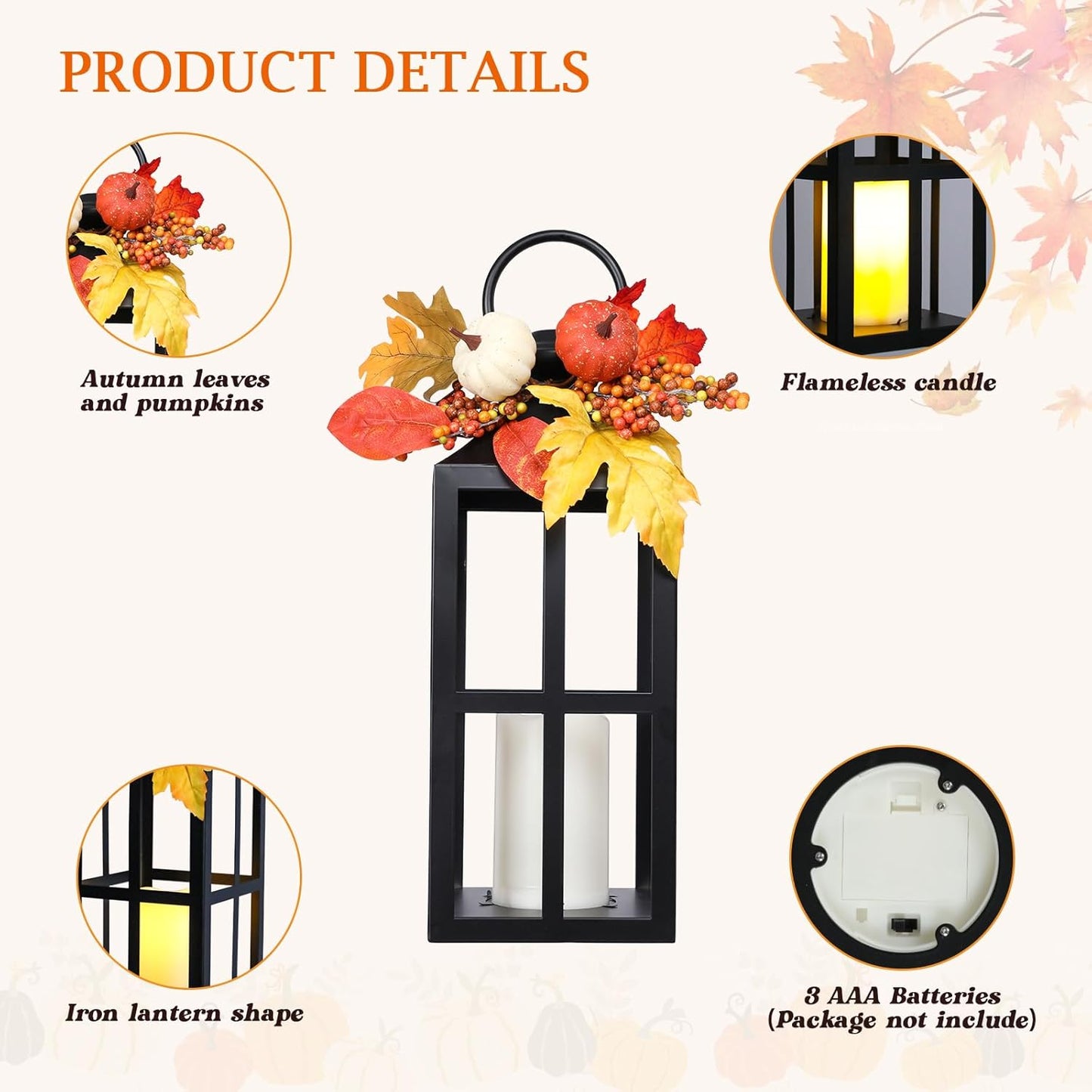 Fall Decorative Lanterns Outdoor, Waterproof 17.7" Decorative Lantern Indoor Decor Metal Hanging Candle Holder LED Flameless Candle Lantern for Patio, Porch, 2 Packs