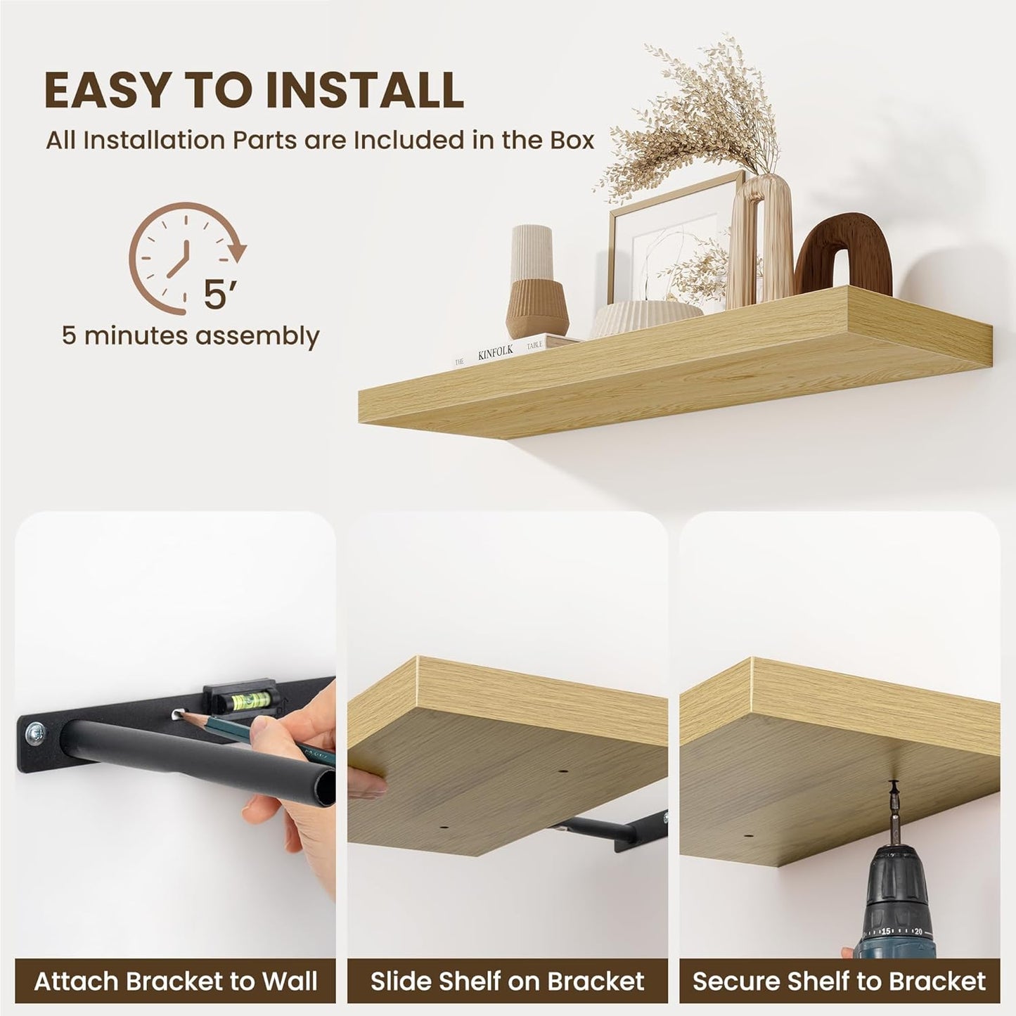 Fun Memories Floating Shelves for Wall - 10" x 10" Wood Shelf with Invisible Bracket - Deep Floating Shelves - 10 Inch Shelf Wall-Mounted for Living Room & Bathroom - Oak - Set of 2