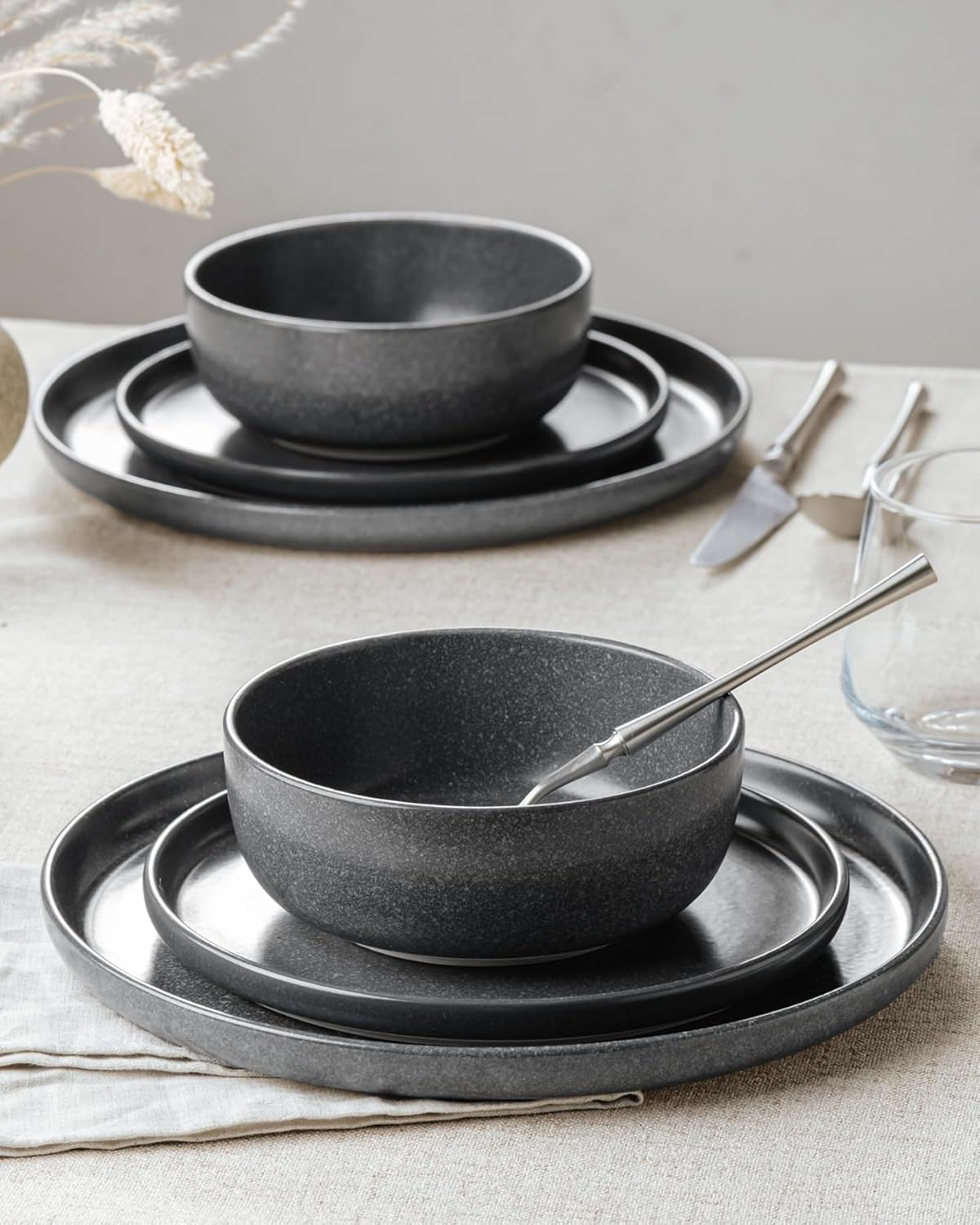 Famiware Milkyway Plates and Bowls Sets, 18 Pieces Dinnerware Sets, Reactive Glaze Dish Set, Stoneware Dishes Set for 6, Matte Dark Charcoal