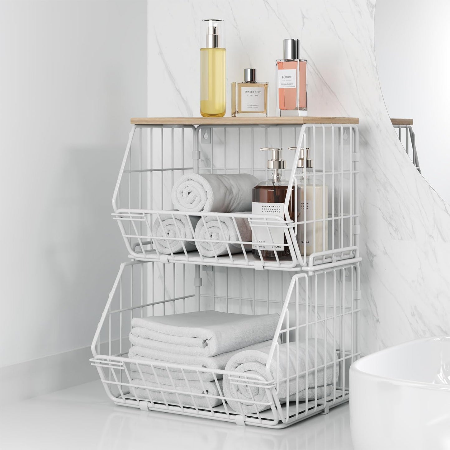 Wetheny 2 Tier Stackable Wall Mounted Wire Basket Fruit Basket with Wood Lid - Kitchen Pantry Organization and Storage, Hanging Storage Basket for fruits, Onion, Potato, Produce, Vegetable (White)