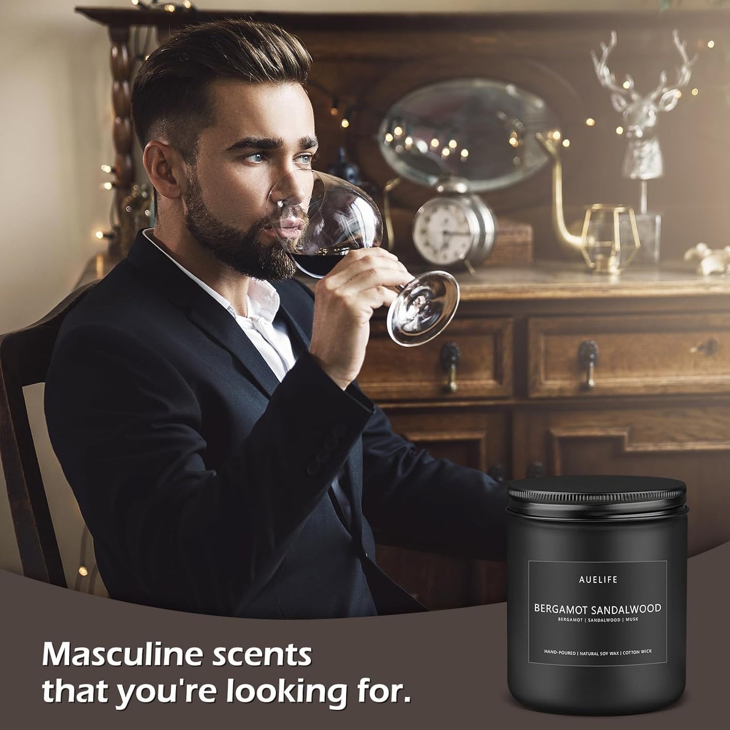 Bergamot Sandalwood Candle for Men | Masculine Scented Soy Candles - Home Fragrance, Aromatherapy Gifts for Men - 7oz Black Jar, Long-Lasting Luxury Decor