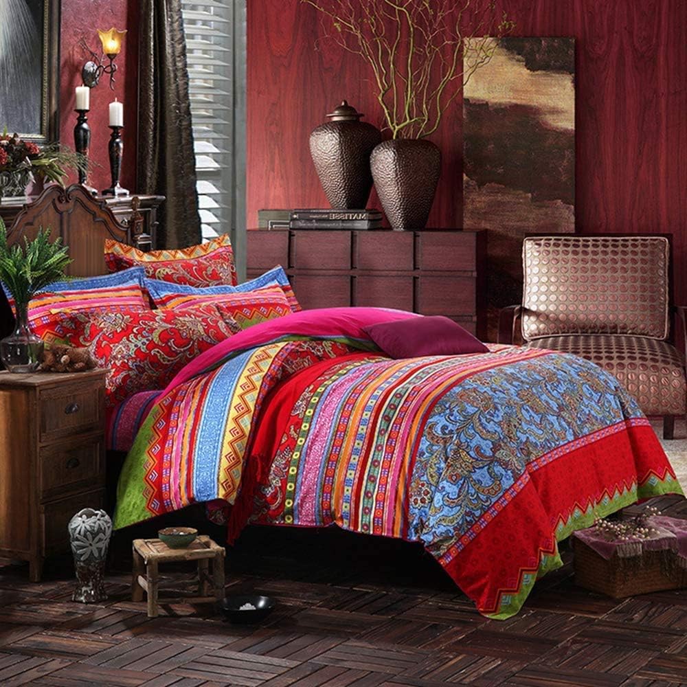 ABREEZE Bohemian Duvet Cover Set Colorful Red Boho Retro Bedding Set Damask Paisley Cotton Duvet Cover Tribal Reversible Bedding Exotic Style Comforter Cover 3-Piece King