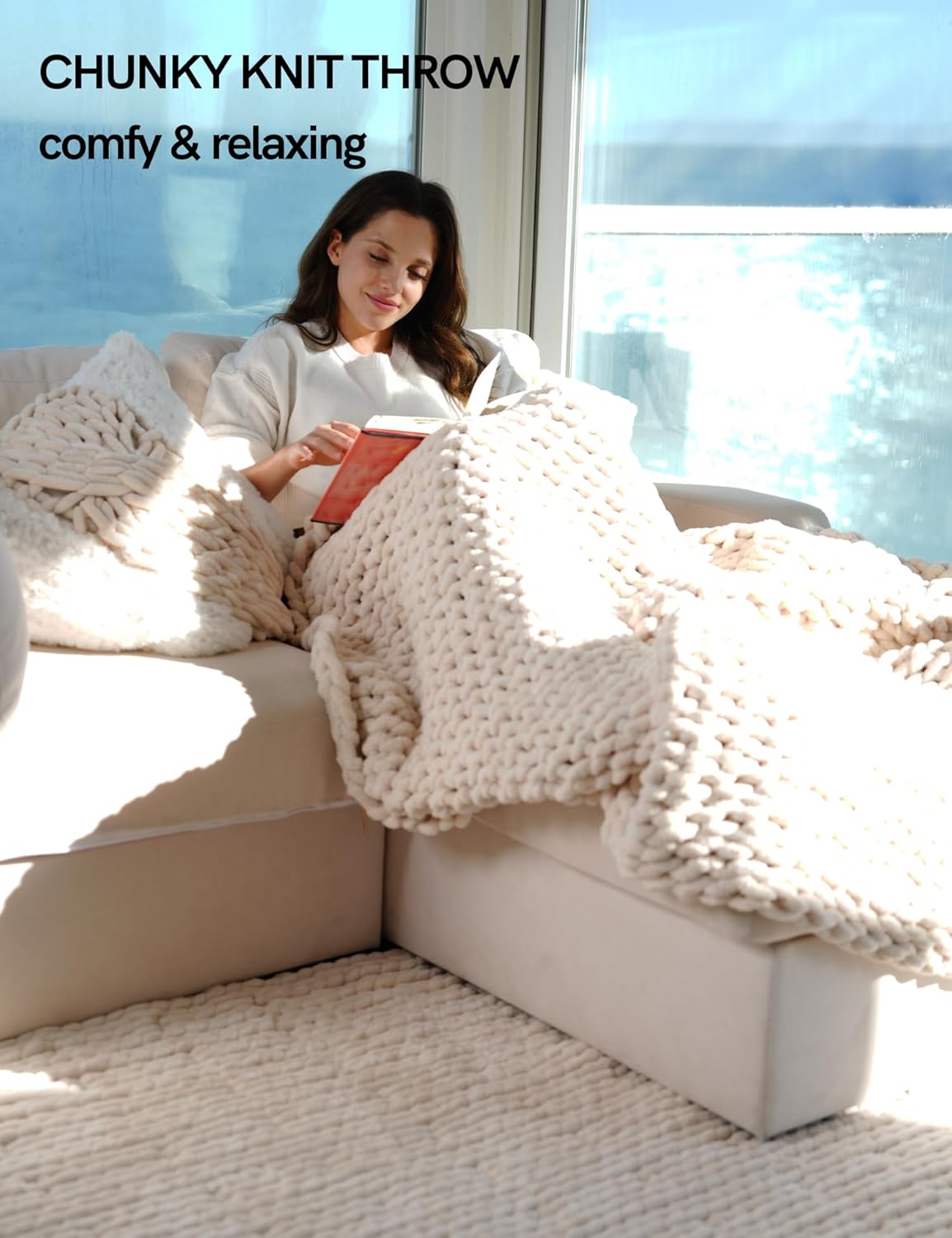 YnM Chunky Throw Blanket, Hand Knitted with Chenille Yarn, Skin Friendly, Ventilated and Breathable, Machine Washable, Home Décor Piece for Couch, Sofa and Bed (Butter Cream, 30x40 Inch)