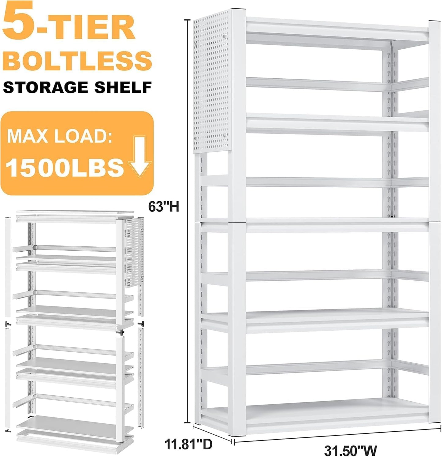 White Garage Shelving, 5 Tier Adjustable Shelving Units, Heavy Duty Metal Shelves, Bookshelf for Garage, Pantry, Basement, Living Room