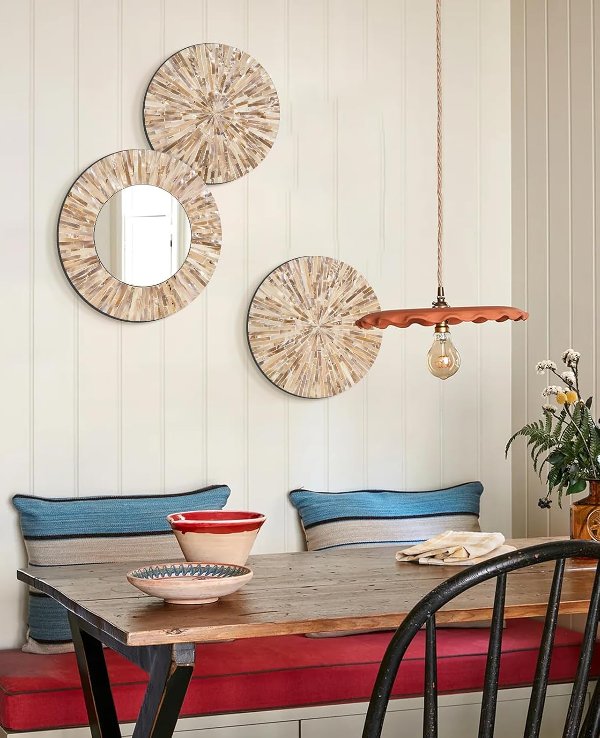 TEIPAI Boho Decorative Mirror for Living Room, 3PCS Handcrafted Mother of Pearl Mirror Wall Decor for Home Dorm Apartment Hallway Staircase, Mosaic Art Plates for Wedding Decoration (Dark Brown)