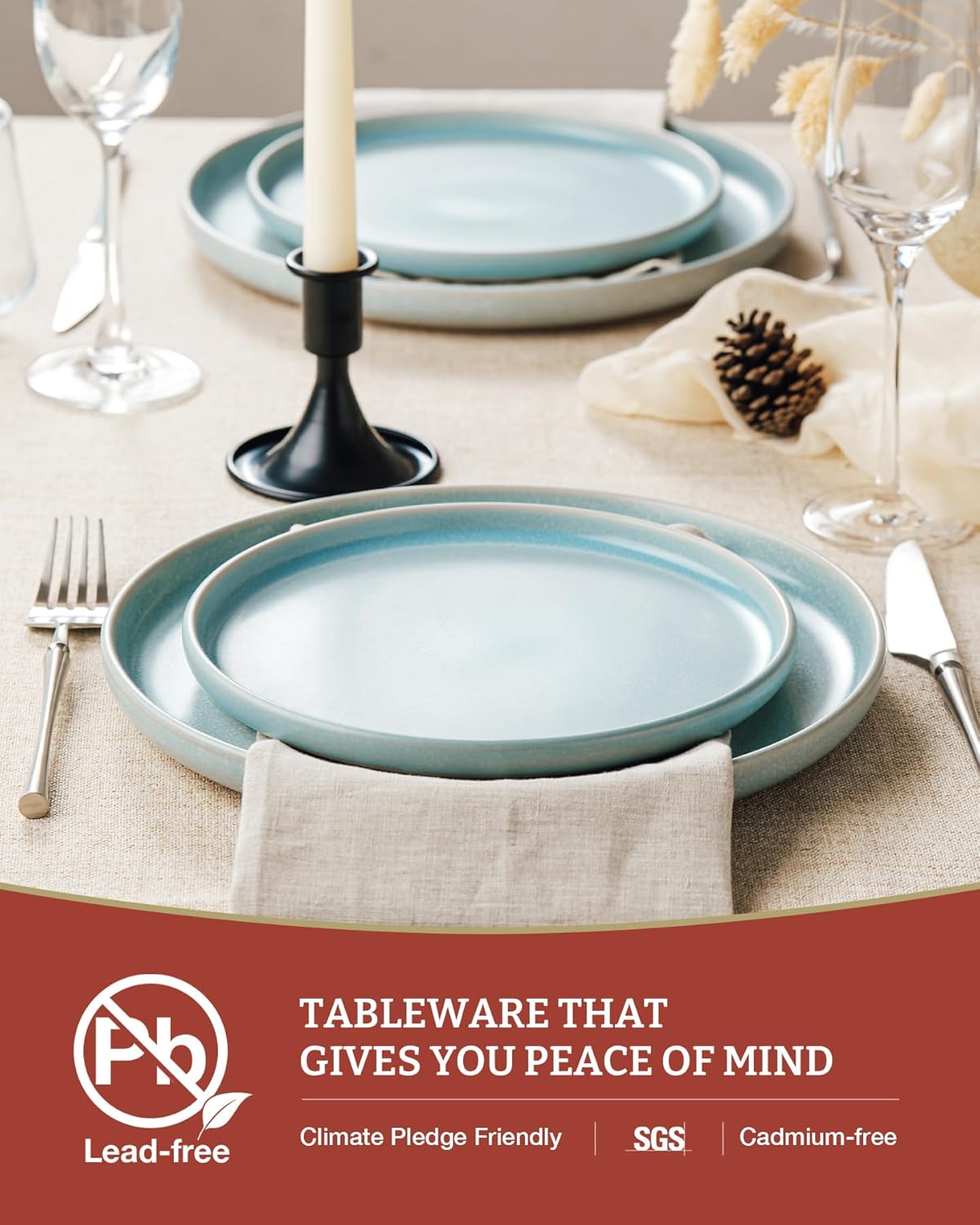 Famiware Milkyway Plates and Bowls Sets, 12 Pieces Dinnerware Sets, Reactive Glaze Dish Set, Stoneware Dishes Set for 4, Light Blue