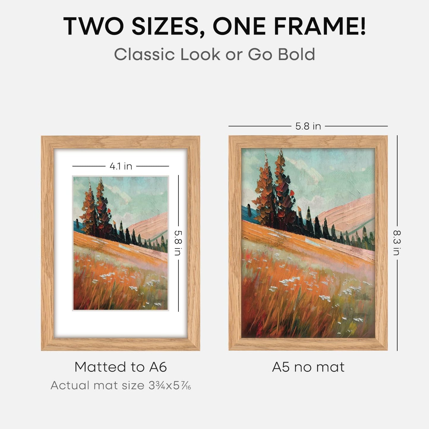 Homeforia A5 Wood Picture Frame, High-End Natural Oak 5.8x8.3 Frame Matted to 4.1x5.8 inch Photo, A5 Size Wooden Frames with Mat A6 for Art, 5.8 x 8.3 Poster Frames, Tempered Glass, Wall Kit, Set of 1