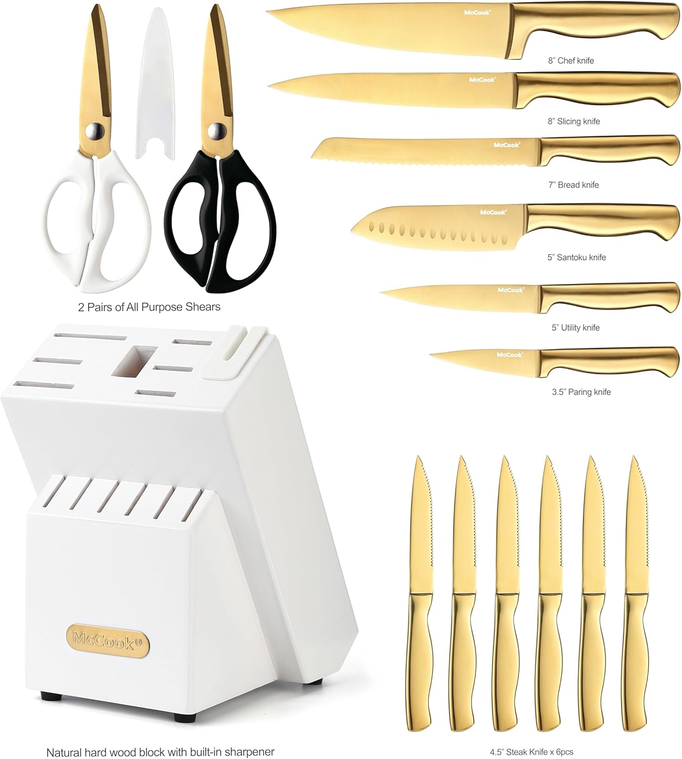 McCook® Knife Sets, Golden Titanium Stainless Steel Kitchen Knife Block Sets with Built-in Sharpener
