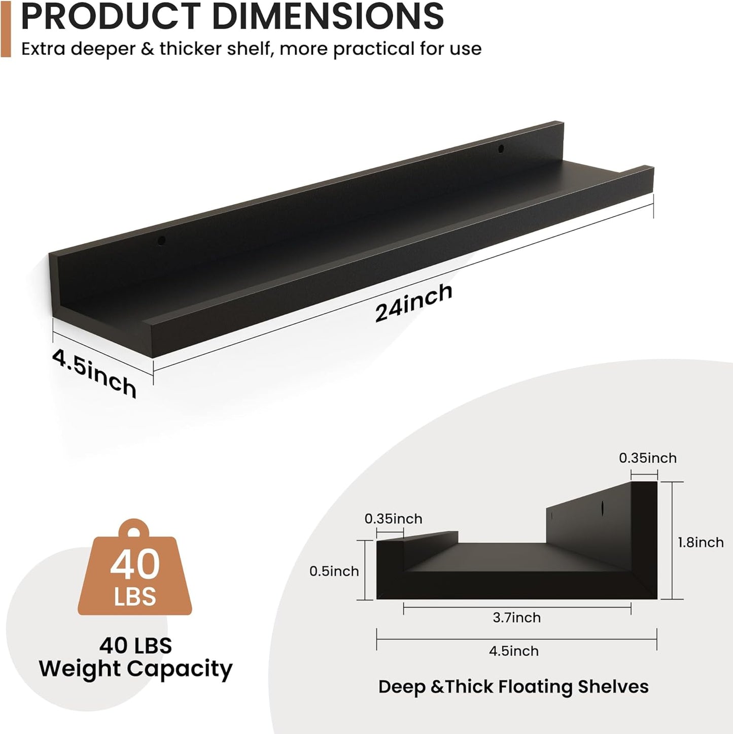 Fun Memories Picture Ledge Shelves Set of 2, 24 Inch Rustic Wall Mounted Floating Shelves with Lip for Home Storage and Décor in Bathroom, Kitchen, Nursery, Bedroom, Living Room, Black