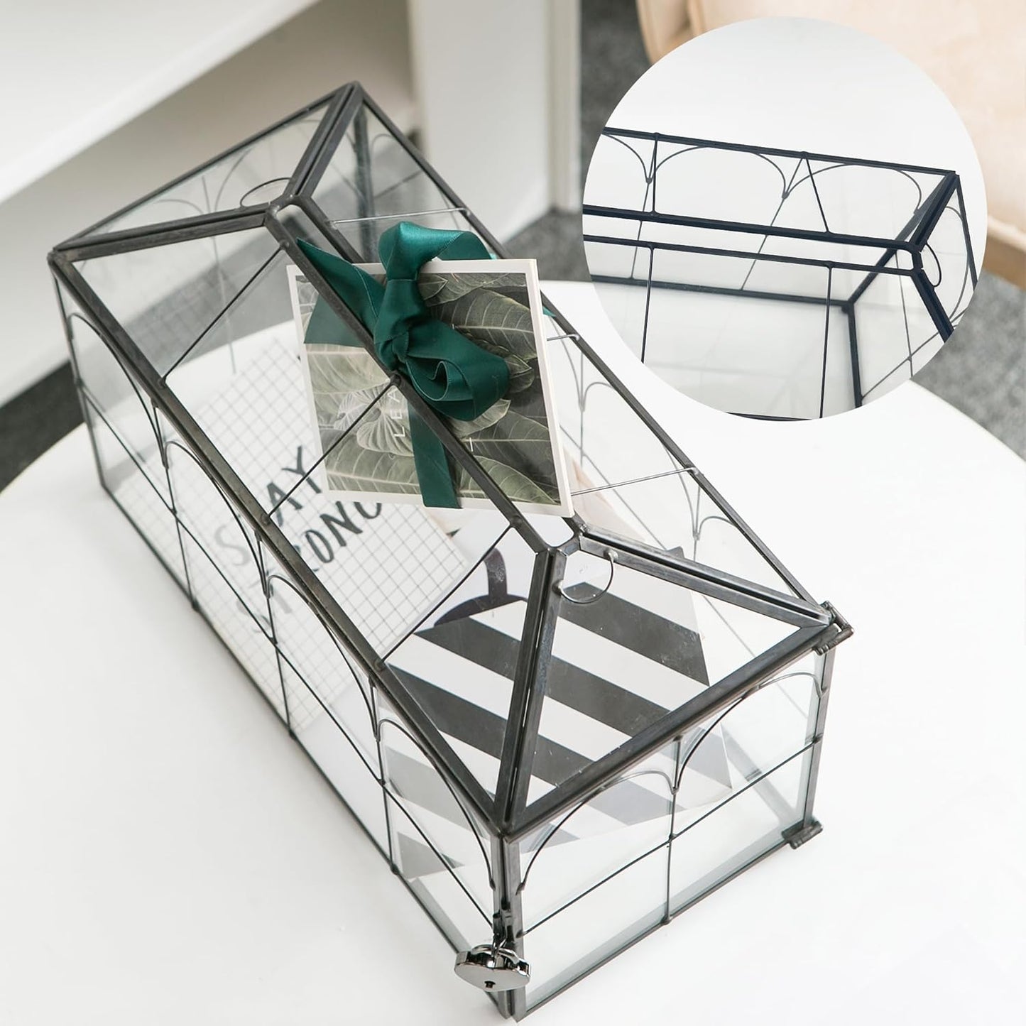 Wedding Card Box with Slot, 12.6'' Large Glass Card Boxes for Reception, Black Geometric Holder, Clear Decorative Storage Box with Lock for Baby Shower, Birthday Party, Christmas, Bridal Shower