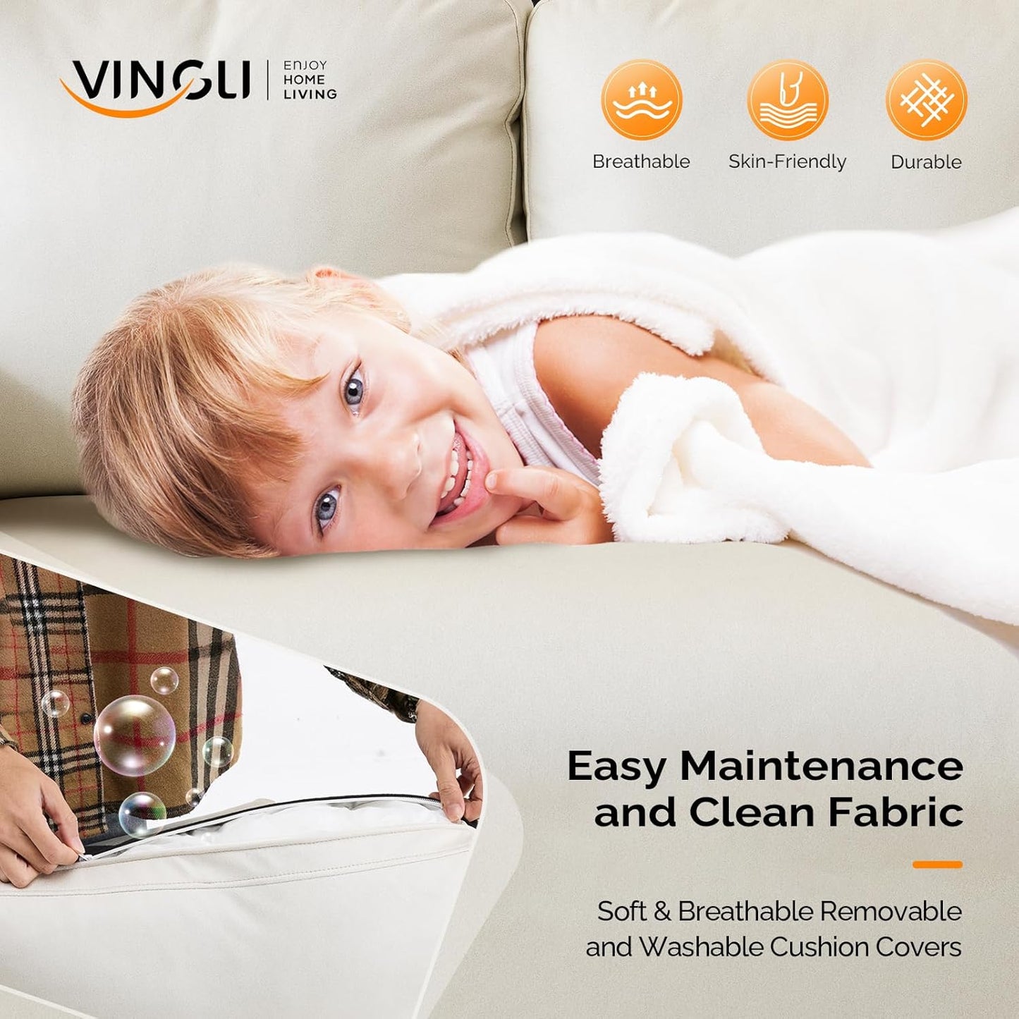 VINGLI 47" Small Couch, Beige Loveseat Mini Couch Mid Century Modern Decor Love Seat for Small Spaces Living Room, Bedroom, Play Room