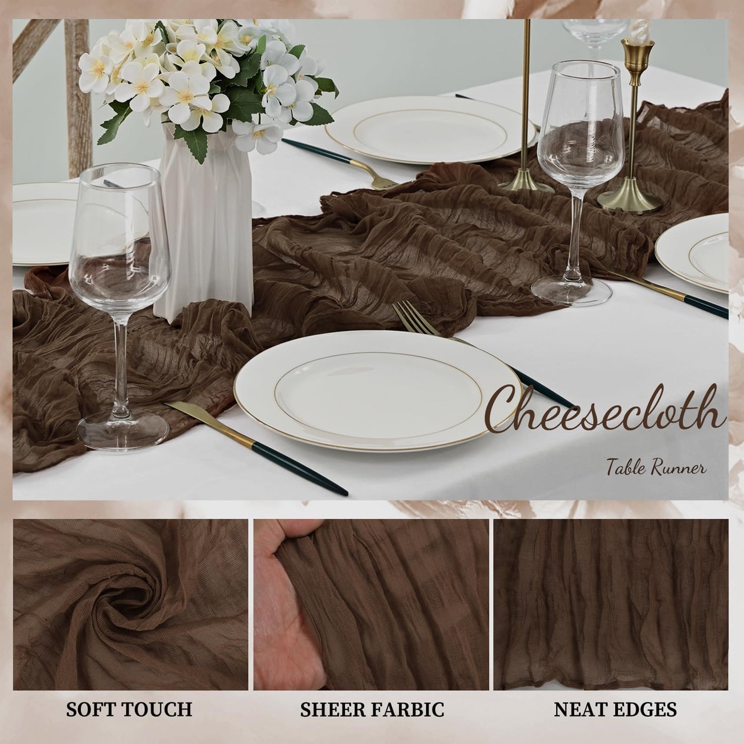 10FT 12 Pack Brown Cheesecloth Table Runner 20 x 120 Inch Long Boho Fabric Rustic Cheese Cloth Table Runner for Wedding Bridal Shower Baby Shower Gauze Sheer Birthday Party Table Decorations