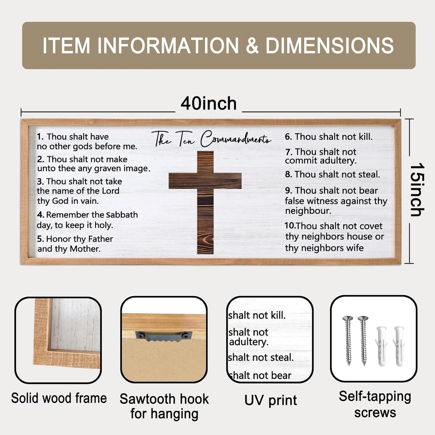 Ten Commandments Rustic Bible Verse Framed Wall Art 40" x 15" Natural Religious Christian Slogan Representing God Jesus Christ Prayer Vintage Holy Inspirational Catholic Scripture Decor