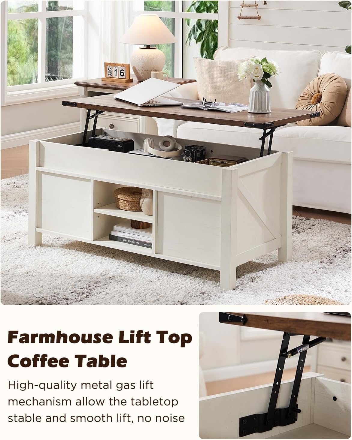 OKD 48" Farmhouse Lift Top Coffee Table with Sliding Barn Door,Rustic Center Table with Hidden Storage Compartment,Lifting Tabletop and Adjustable Shelf for Living Room,Office,Antique White