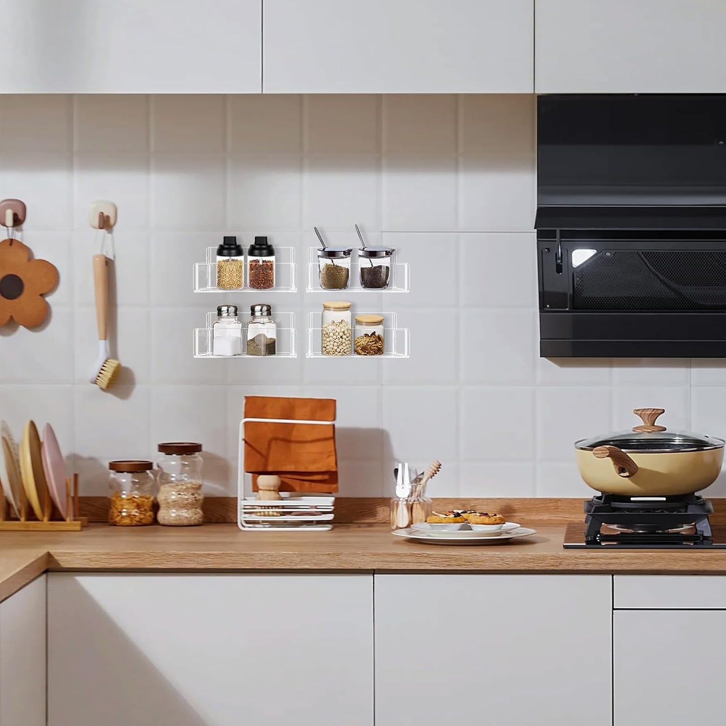 Acrylic Spice Rack Wall Mount-6 Inch, Clear Spice Shelf Storage Holder, 2 Pack Hanging Seasoning Rack Organizer for Cabinet Door, Cupboard or Wall Kitchen (Adhesive or Screw)