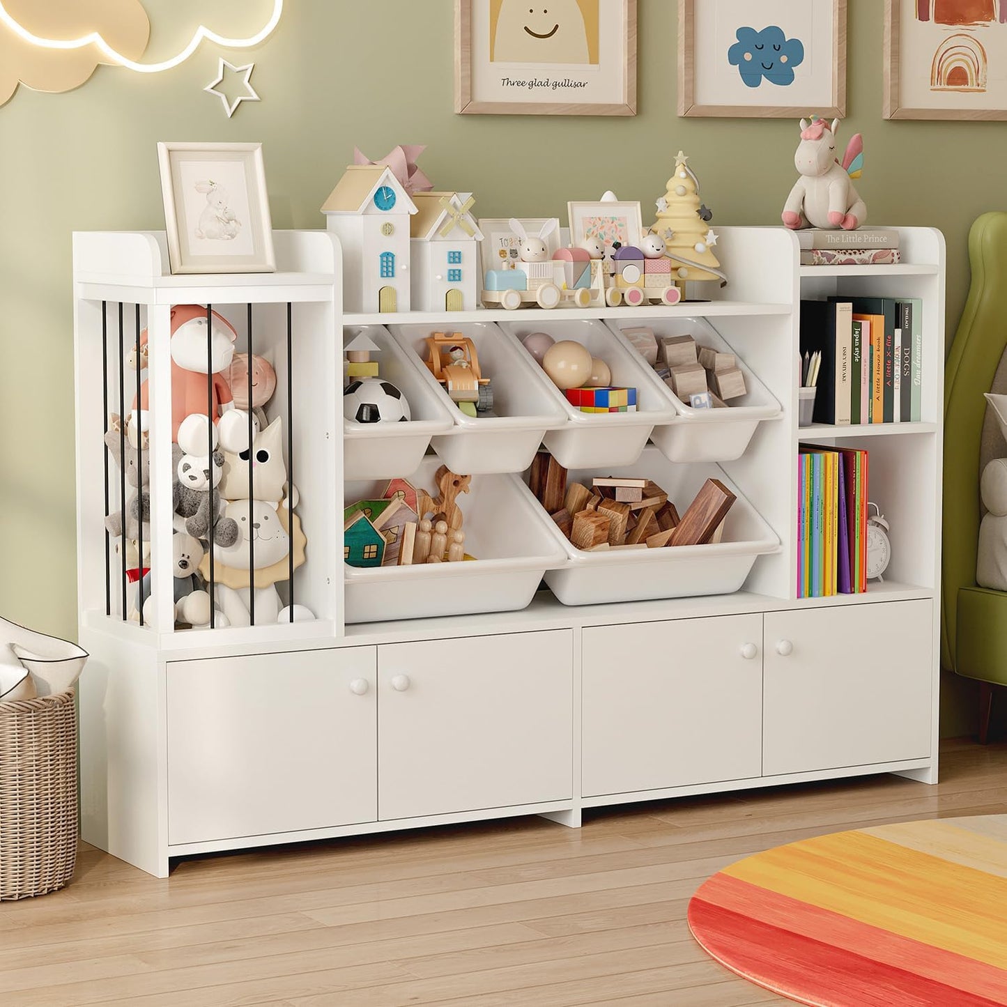 Treesland 55 Inch Large Kids Toy Storage Organizer, Kids Bookshelf Bookcase, Toy Storage Cabinet for Playroom, Bedroom Nursery