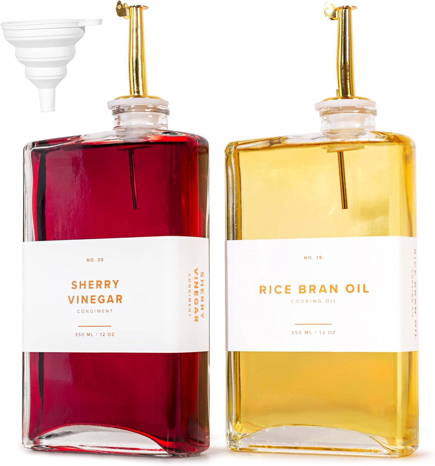 Glass Olive Oil Dispenser Bottle Set [2x12oz]: 36 Premium Gold Labels, Oil Dispenser for kitchen, Vinegar Bottle Set, Glass Dispensers for Soy Sauce, Syrup Bottles | Set of 2