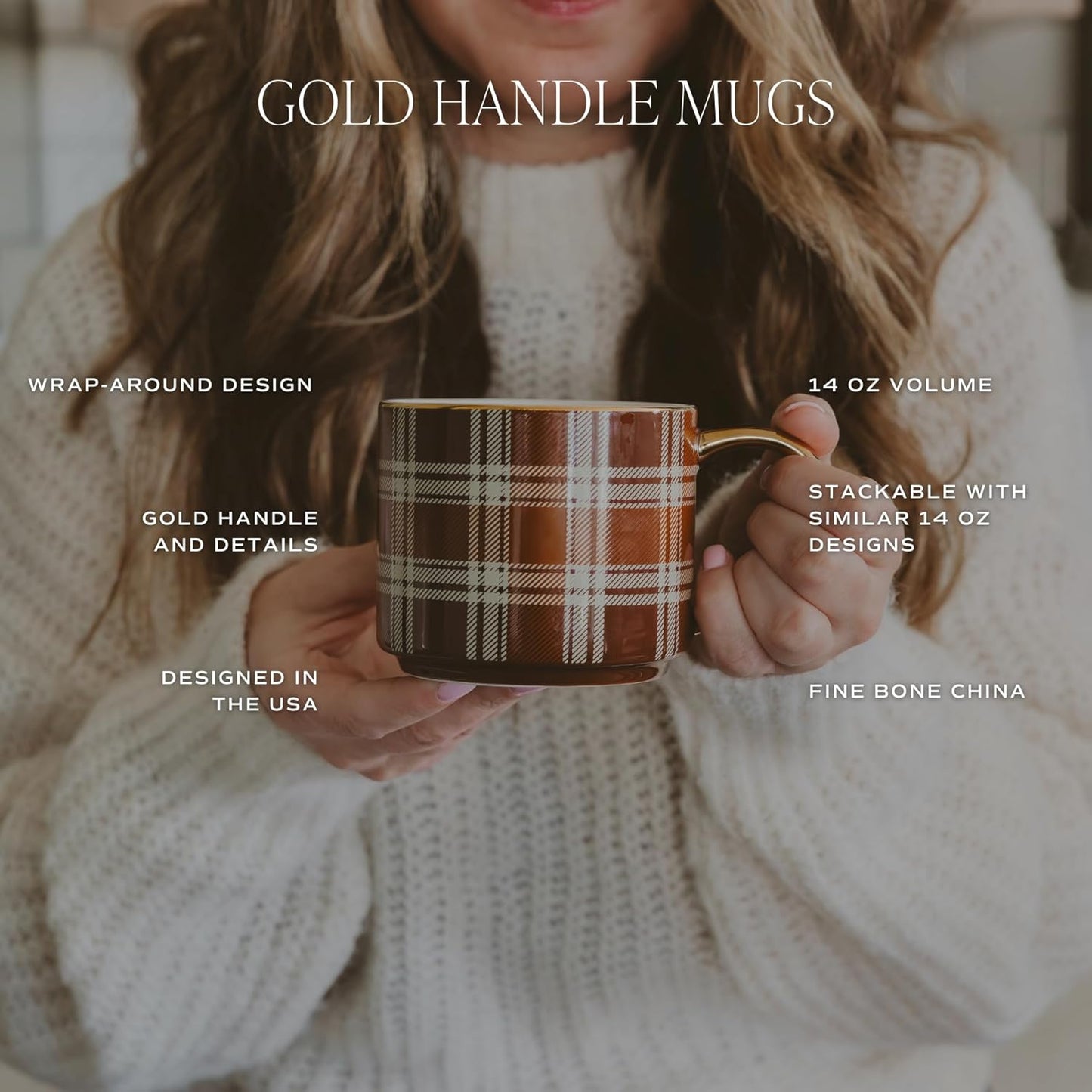 Sweet Water Decor Brown Delft Mug with Gold Handle, 14oz Fine Bone China Coffee Cup for Tea, Latte, or Hot Cider, Vintage Floral Fall Drinkware, Hostess & Housewarming Gift for Women & Teachers