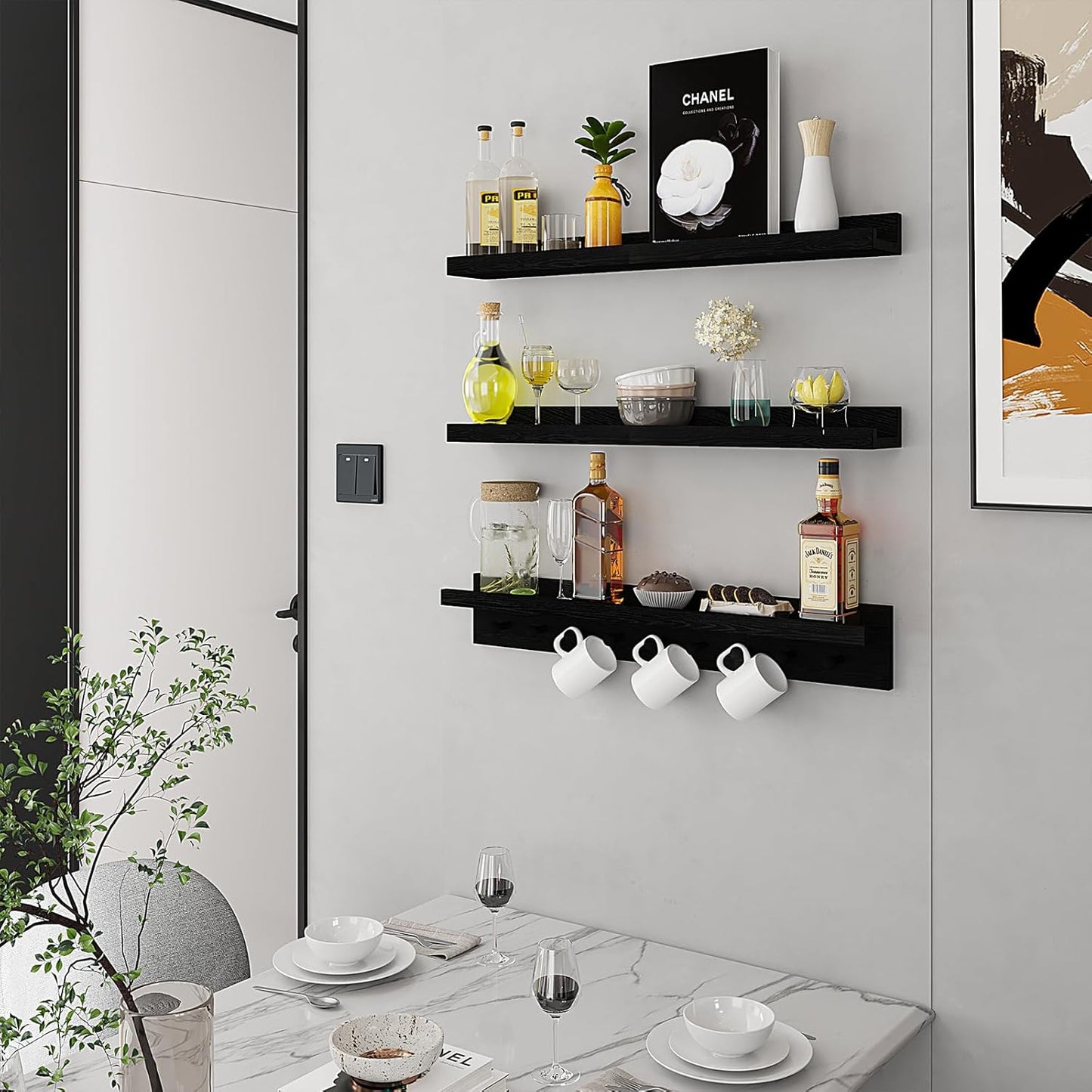 MBYD Floating Shelves for Wall, Nursery Floating Bookshelf for Kids Room, Black Wall Mount Book Shelves with Hooks for Living Room Bedroom Bathroom, 36 Inch Picture Ledge Kitchen Spice Rack Set of 3