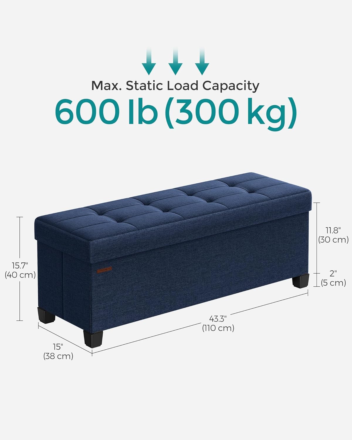 SONGMICS Storage Ottoman Bench, Foldable Foot Rest with Legs, 15 x 43 x 15.7 Inches, End of Bed Bench, Storage Chest, Load up to 660 lb, for Living Room, Bedroom, Entryway, Midnight Blue ULSF018I01