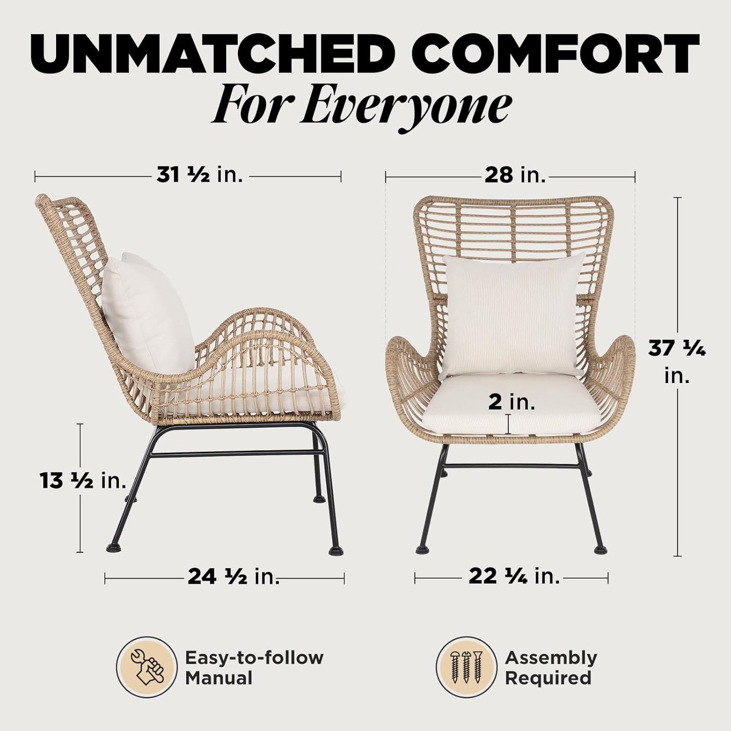 IDZO Isabelle Upgraded 2000 Hours UV Wicker Chairs Outdoor Set of 2, 500 lbs Capacity Outdoor Patio Chair, All-Weather Club Chair with Water-Resistant Olefin Cushions, Boho Style, Beige