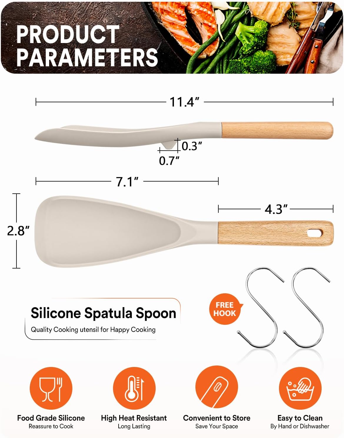 Cooking Spoon for Nonstick Cookwares, Great for Cooking and Serving Sturdy BPA-Free Matte Silicone, Wood Handle Spoon for Mixing, Scoop, and Scrape (2 Pack of Khaki, 11.4 inch)