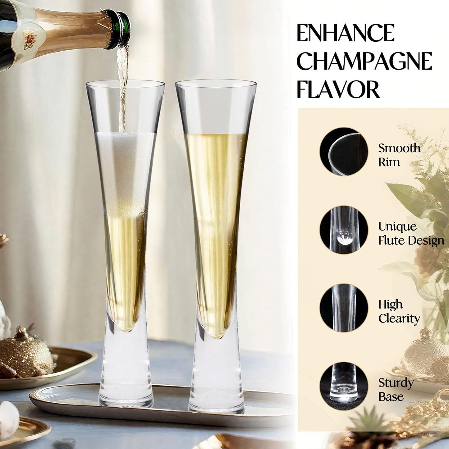 Champagne Flutes Set of 4, Hand Blown Crystal Champagne Glasses, Modern Unique Design, Lead-Free Prosecco Glasses, Elegant Toasting Glasses Gift for Wedding, Anniversary, Birthday, Christmas