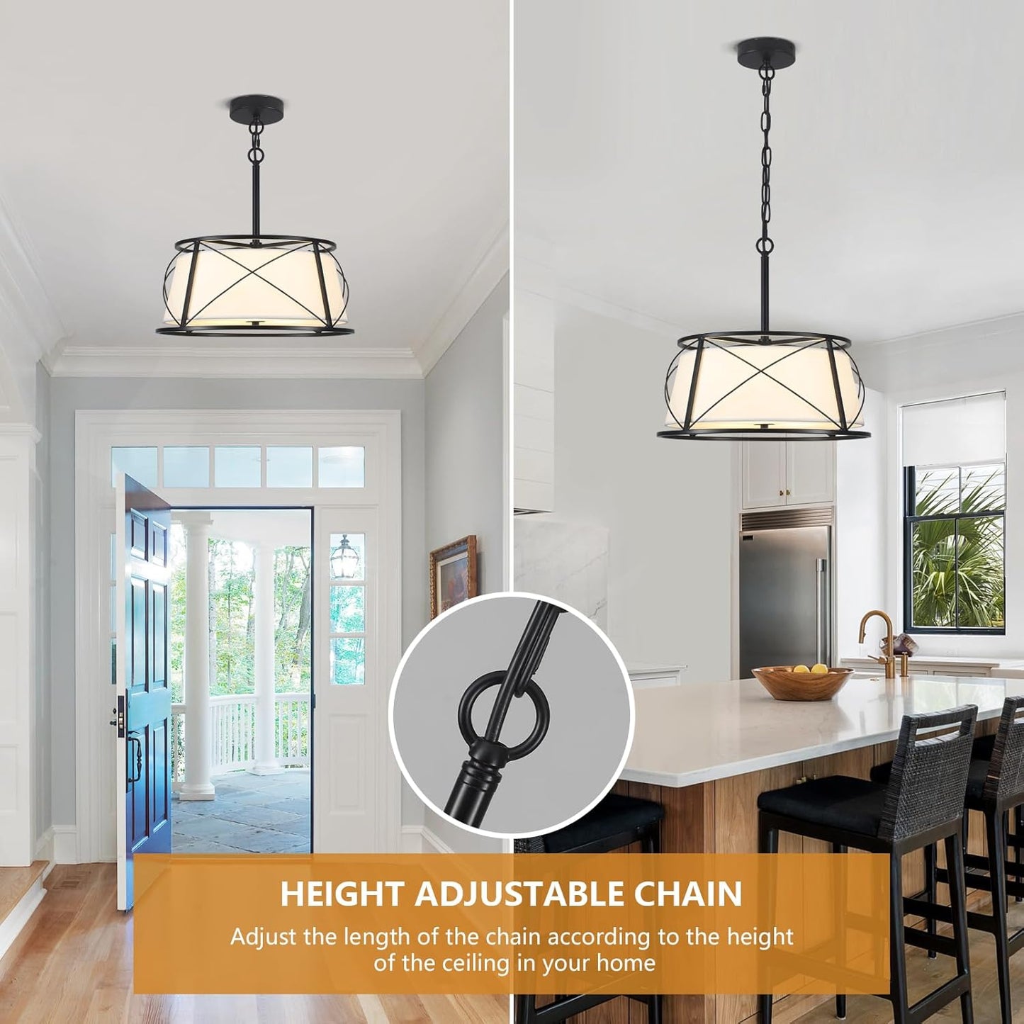 15.7" Black Drum Chandelier,3-Light Modern Farmhouse Chandelier,White Fabric Drum Shade Pendant Light Fixture for Dining Room Kitchen Island Bedroom Entryway