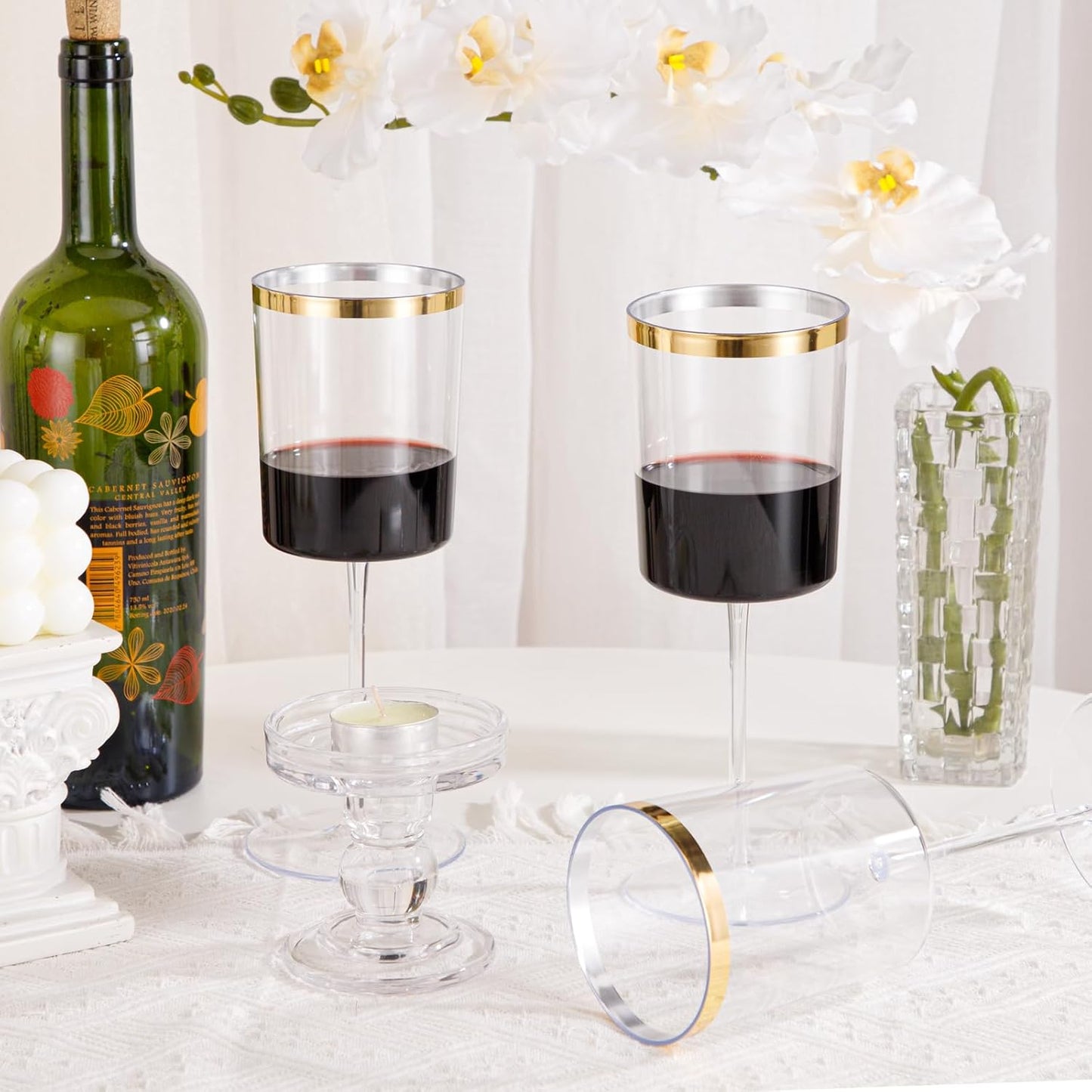 Ciaell 12 Pack Plastic Wine Glasses - 14 Oz Plastic Wine Glasses with Stem - Square Gold Disposable Stemmed Glass for Parties & Weddings & Outdoors & Thanksgiving