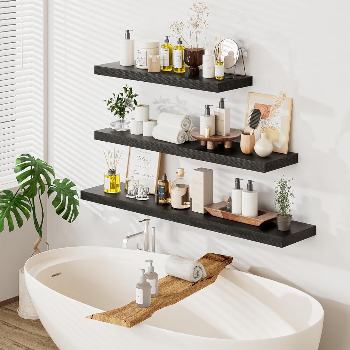 Heimlove 48W x 12D Long Floating Shelf, 12 Inch Deep Black Floating Shelves for Wall Set of 2, Wood Shelves for Bedroom Living Room Bathroom Kitchen Home Office, Wall Shelves with Heavy Duty Bracket