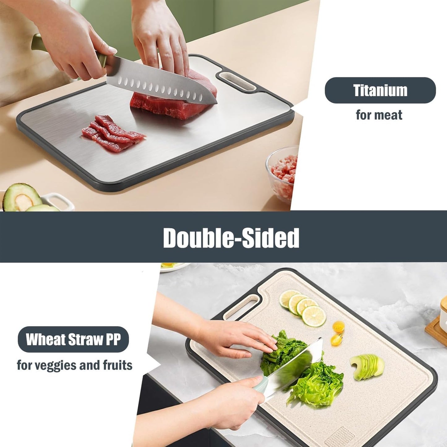 Titanium Cutting Board for Kitchen – Large Double-Sided Food Grade Boards, 16”×11” Pure Titanium & Wheat Straw, Dishwasher Safe, Easy to Clean for Meat, Vegetables & Fruits