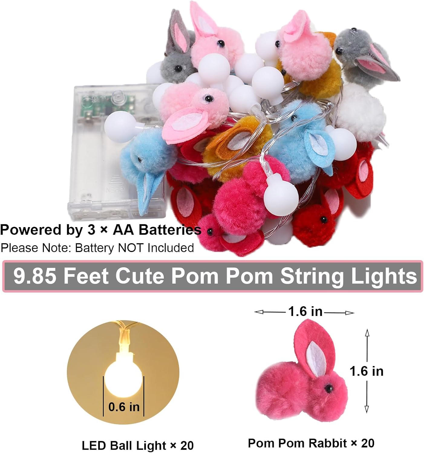 9.85Ft Easter Decor String Lights with Timer 20 Rabbit Shaped Pompoms 20 Ball LED Garland Battery Operated Easter Decorations Bunny Lights for Home Party Kids Room Bedroom Birthday Wedding Indoor