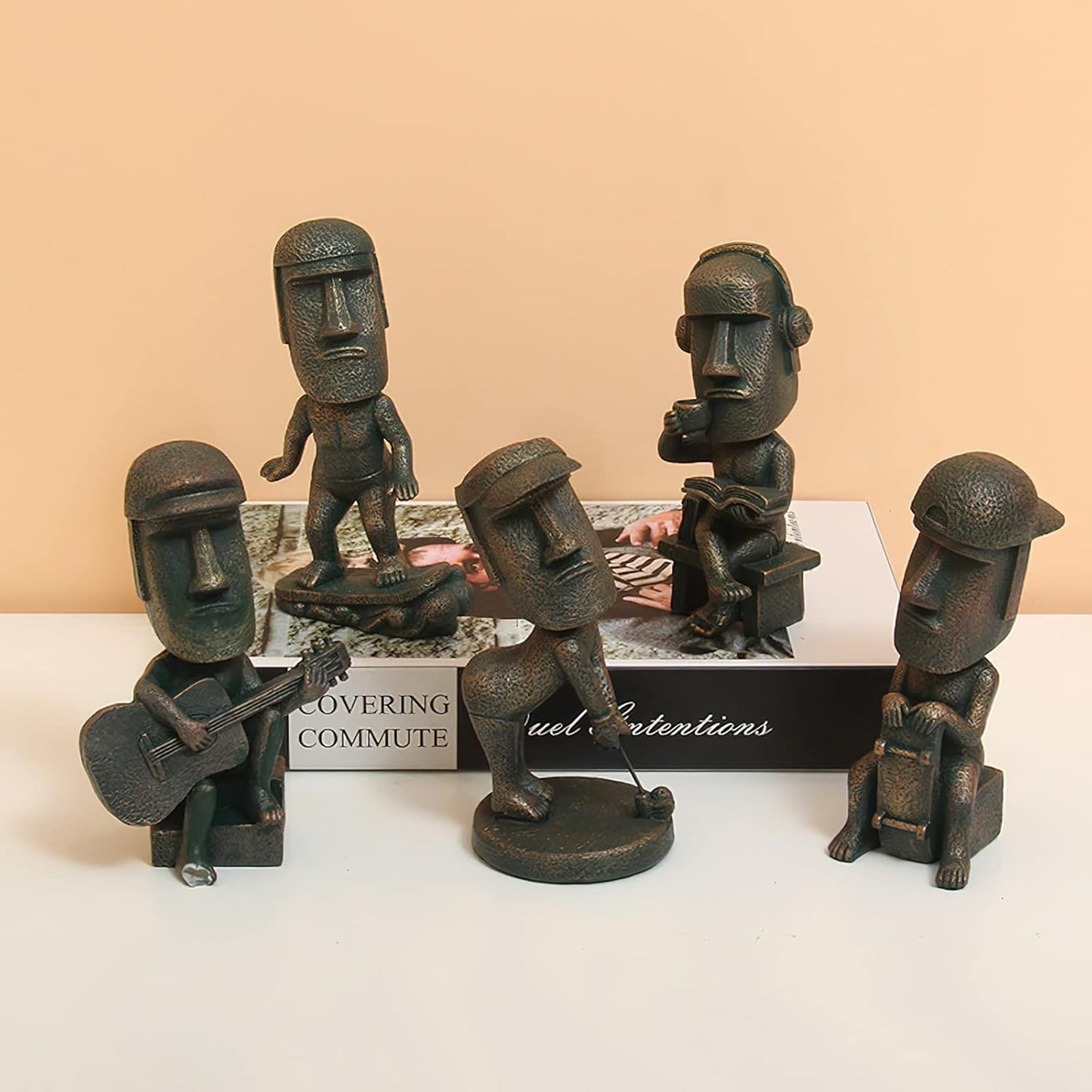 Moai Statue Decor - 6 Inch Easter Island Oranment Resin Stone Decoration for Room Accessories Antique Sculpture for Office Desktop (Read a Book)