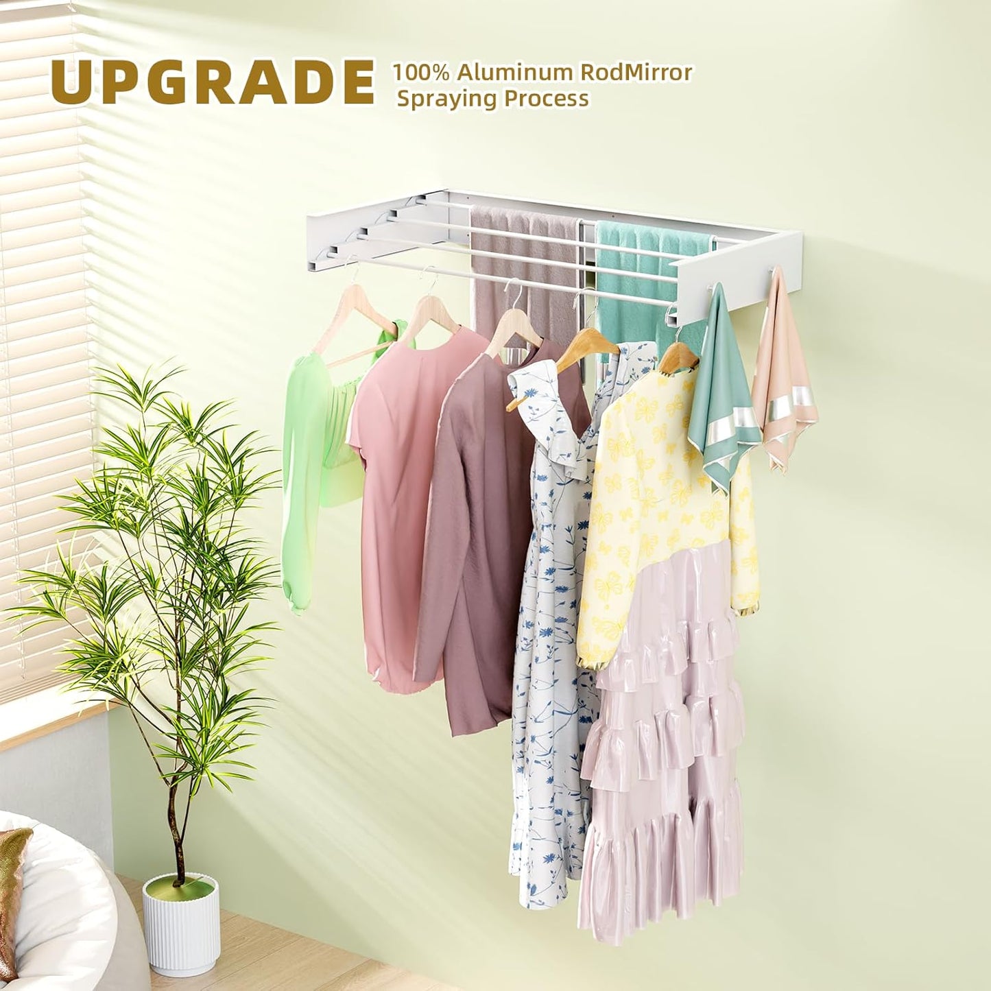 Wall Mounted Drying Rack for Laundry 23.6'', Foldable Laundry Drying Rack Clothing Wall Mount with 4 Towel Hooks and 4 Rods, Space Saving for Indoor Outdoor Bathroom Balcony (White, 23.6'')